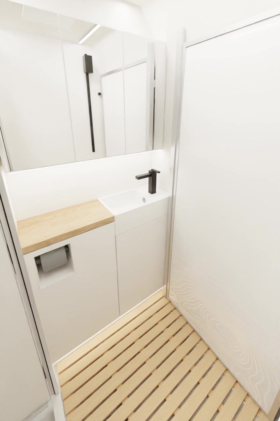 The BA-01 bathroom rendered from the Fusion 360 model: white vanity with oak top, black tap, bamboo duckboard and a contour-lit screen