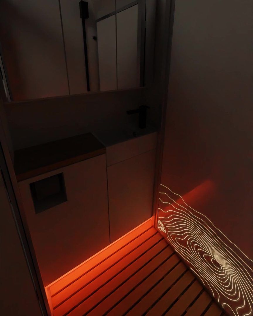 Bathroom render, evening scene with red light from under the vanity across the duckboard