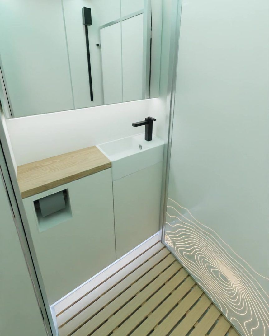Bathroom render, spa scene in cool teal light