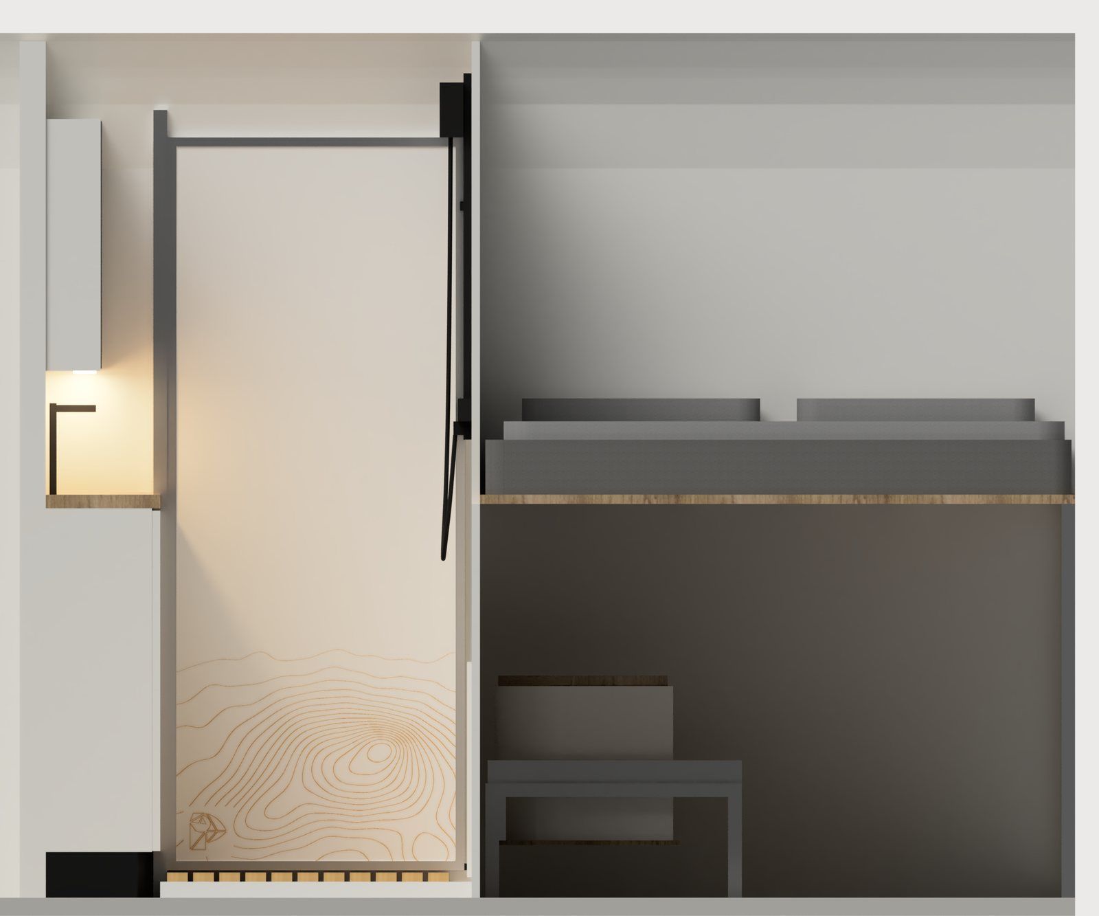Front elevation render of the bathroom and rear bed