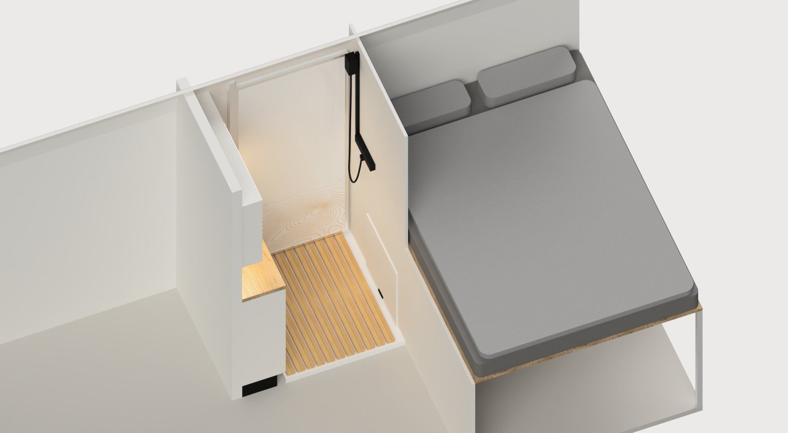 Isometric render of the BA-01 bathroom beside the rear bed: vanity, bamboo duckboard, contour-lit screen and hinged door